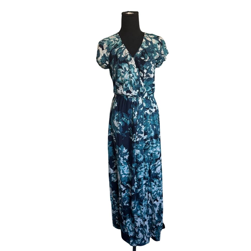 Lucky Brand Floral Maxi Dress XS Blue Teal V Neck Short Sleeve Boho Flowing